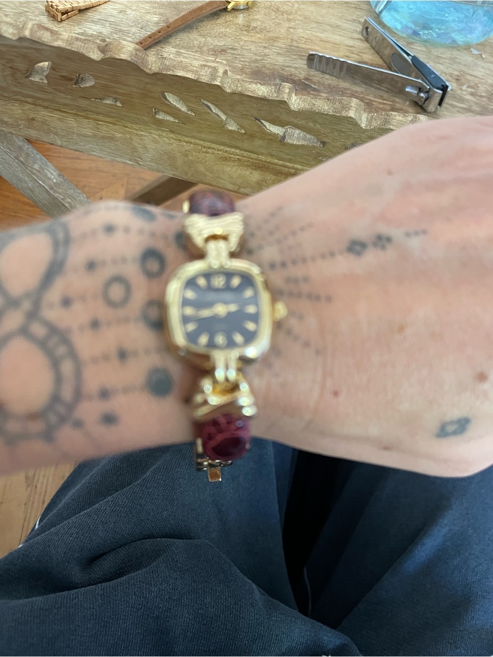 Joan Rivers Gold-Tone Watch with Burgundy Strap and Black Dial